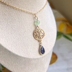 Nature Inspired Leaf Tree Branch Pendant Amethyst & Jade Casual Necklace